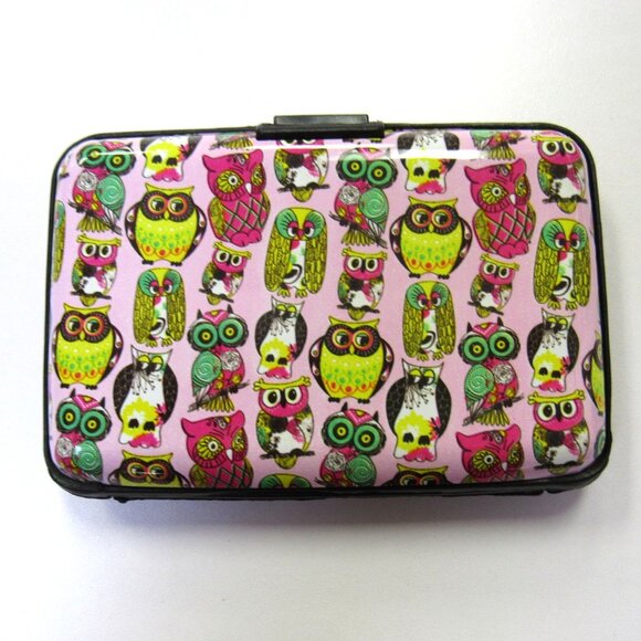 Multicolor Owl Print Hard Sided Credit Card Holder Case Wallet New - Picture 2 of 2